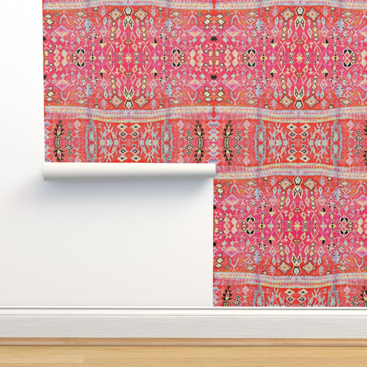 Tropical Orange Pink Moroccan Style Turkish Inspired Kilim Boho Sunset Custom Removable Wallpaper by Spoonflower Peel & Stick Wallpaper 2FT Wide